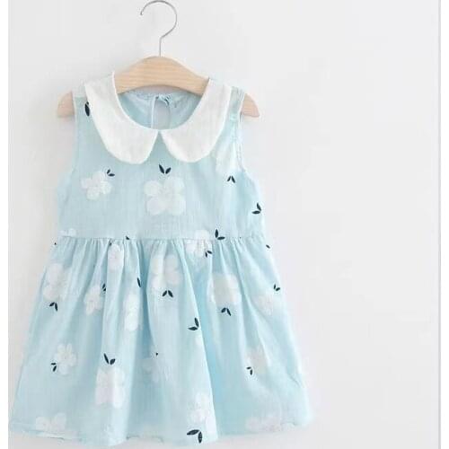 2021 Cotton Linen Girls Summer Dress Childrens Doll Collar Vest Kids Sleeveless Floral Princess Baby Clothes Yellow Blue 1-6 Y