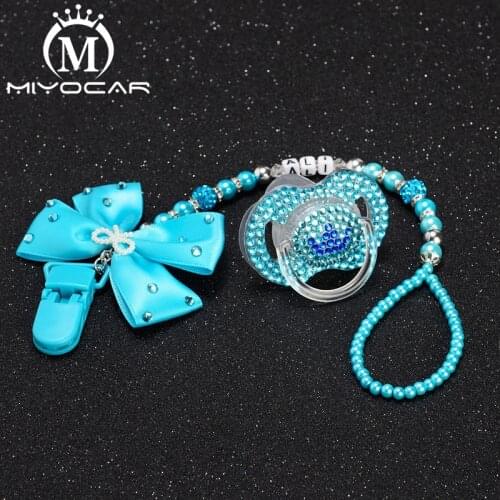 MIYOCAR Any name can make Personalised bling blue bow pacifier clip holder dummy clip pacifier chain with bling pacifier set