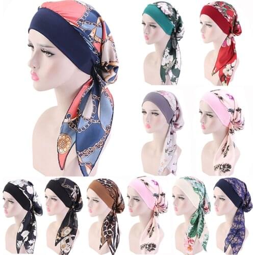 Muslim Print Flowers Turban Hat Islamic Women Inner Hijab Cap Arab Wrap Head Scarves Femme Fashion Turban Cap Hair Accessories