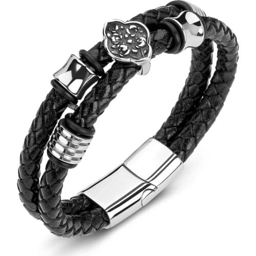 New Men Trendy Bracelets Genuine Leather Stainless Steel Magnetic Clasp Flower Punk Vintage Bangle Male Jewelry Wholesale P194
