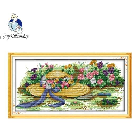 Joy sunday Flowers and straw hats Stamped Cross stitch kits DMC Needlework Embroidery set DIY Handwork Fabric 14CT and 11CT