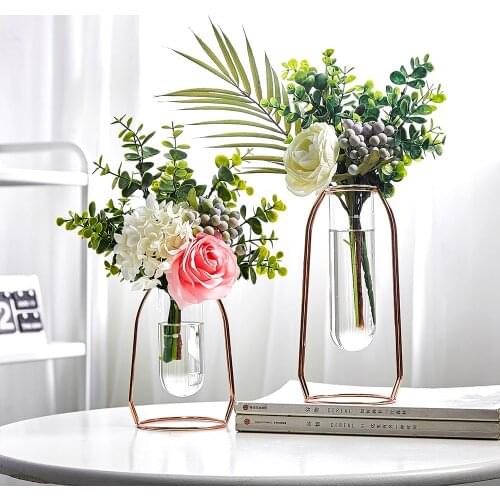 Nordic Golden Glass Vase Iron Hydroponic Plant Flower Vase Tabletop Coffee Shop Office Home Decoration Accessories Modern Decor