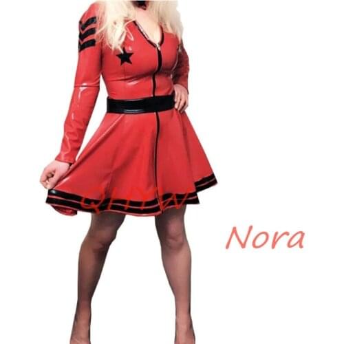 Latex Rubber Gummi Dress Red Women Sleeveless Latex Dress Red with Black with Front Zipper for Women