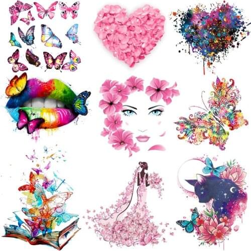Prajna Flower Butterfly Patch Iron On Transfers For Clothing Heat Transfer Vinyl Fashion Girl Stripe Thermal Stickers On Clothes