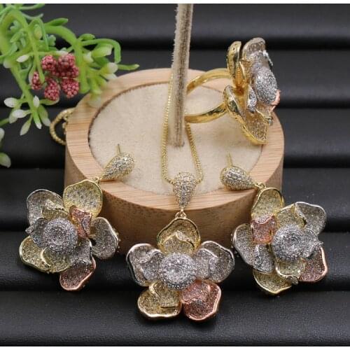 Lanyika Jewelry Set Luxury Shiny Blooming Flower Necklace with Earring and Ring for Wedding Engagement Micro Paved Popular Gifts