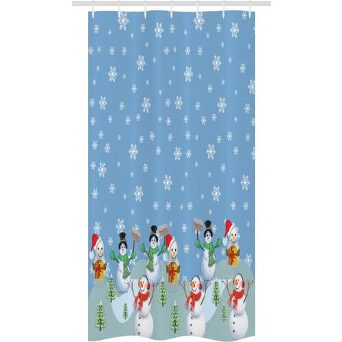 Snowman Christmas Shower Curtain Set Happy Winter Hills Cartoon Waterproof Fabric Narrow Bath Curtain Bathroom Decor with Hooks