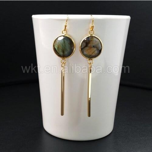 WT-E323 Wholesale Natural Labradorite Earrings With 24k Metal Bar Unique Design Elongated Earrings Summer Pop