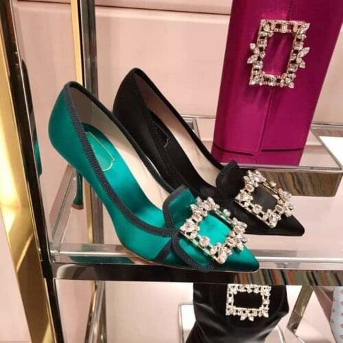 Spring new green stiletto heel crystal satin square buckle all-match single shoes banquet dress pointed toe womens shoes