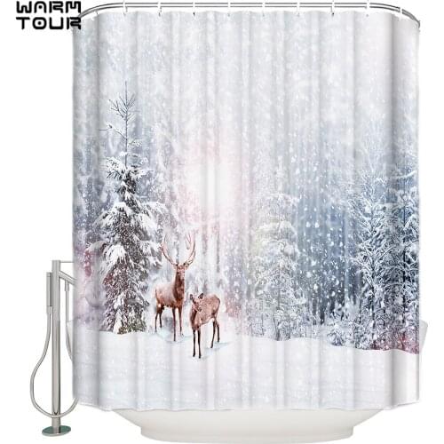 WARMTOUR Shower Curtain Snow Winter Christams Love Happy Extra Long Fabric Bath Shower Curtains Mildew-resistant Bathroom Decor