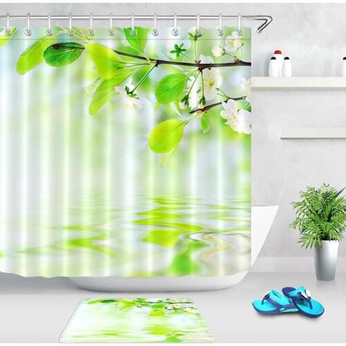 Water Reflection Shower Curtains Spring Green Leaf Leaves Painting Bathroom Curtains Waterproof Polyester Fabric Bath Curtain