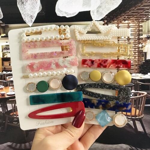 Korean Fashion Acrylic Barrette For Women Vintage Geometric BB Hairpins Clips Set Simulated Pearl Girl Hair Accessories Hairgrip