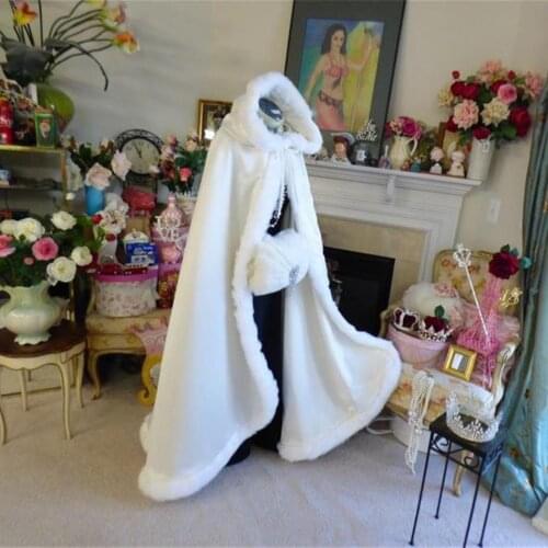 White Hooded Bridal Warm Long Wedding Cloaks Faux Fur Coat Capes Wicca Robe Jackets Belt Christmas Hallowmas Accessories Bolero