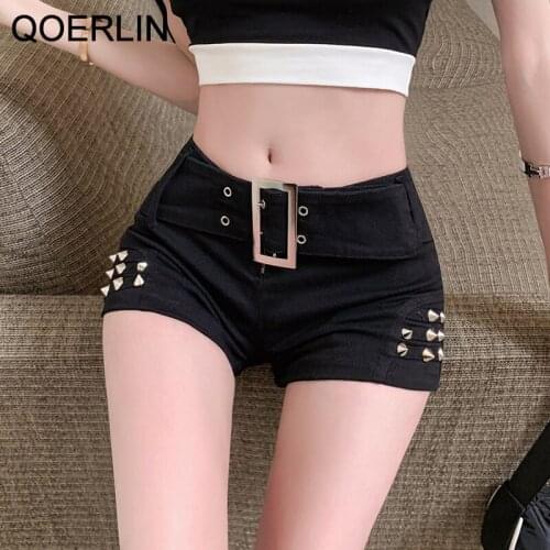 QOERLIN Women Denim Shorts 2021 Summer Sexy Fashion Rivet Cotton Low Waist Shorts Nightclub Dance Punk Black Mini Jeans S-XL