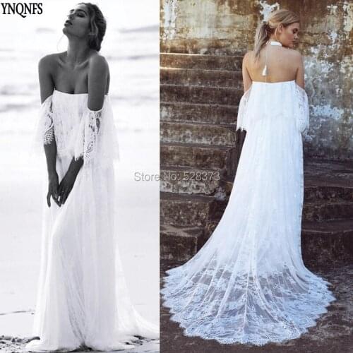 YNQNFS W82 Real Vestido de Noiva Simples Boho Beach Wedding Dress Ruffle Off Shoulder Lace Party Bride Gowns 2019