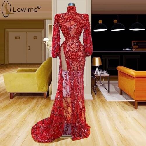 Sexy Muslim Illusion Red Beading Long Sleeve Mermaid Evening Dresses High Neck Side Split Robe De Soiree Prom Party Gowns