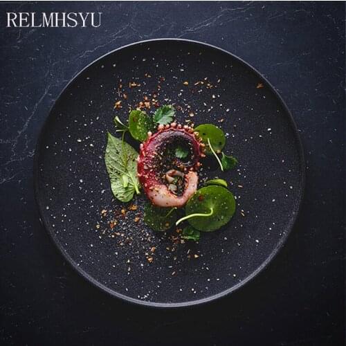 1PC RELMHSYU Japanese Style Ceramic Black Frosted Flat Western Dinner Home Steak Plate Dish Tableware