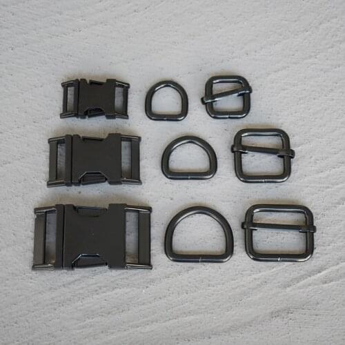 100 Sets 15/20/25/30mm Webbing Metal Black Strap Slider D Ring Release Belt Buckle For Dog Collar Paracord Sewing Accessory