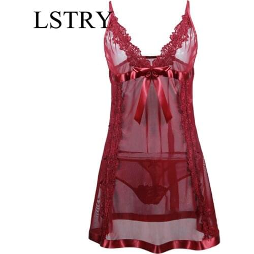 2020 Sexy Women Lingerie Lady Underwear Lace Night Dress Lstry Wine Red Babydoll Sleepwear with G-string Sleeping Wear Pyjamas