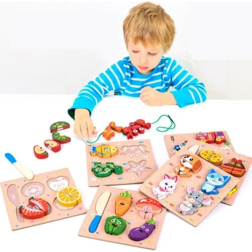 Wooden Kitchen Cut Fruits Vegetables Dessert Kids Food Pretend Play Puzzle Educational Toy Matching Jigsaw Puzzle Toy ZLL