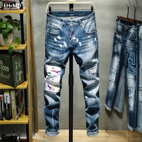 EH · MD® Varnished Jeans Mens Hole Patch Embroidery Soft Soft Cotton Elastic Red Leather Label Light Blue Slim Pants Red Ears