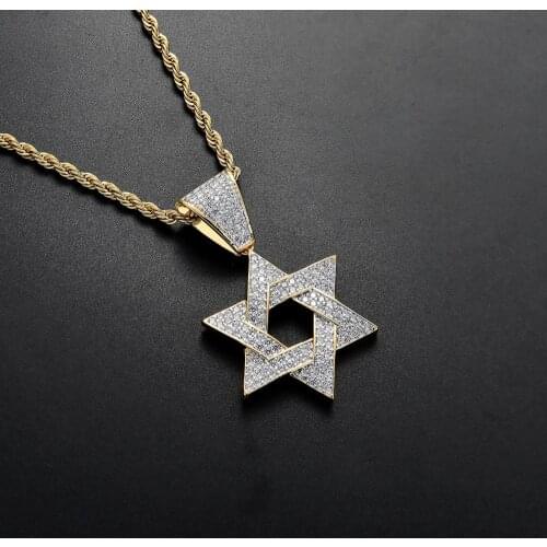 Freewear Custom Hiphop Jewelry Mens Micro Pave Cubic Zircon Star of David Charm Hexagon Necklace Iced Out Pendant Homme