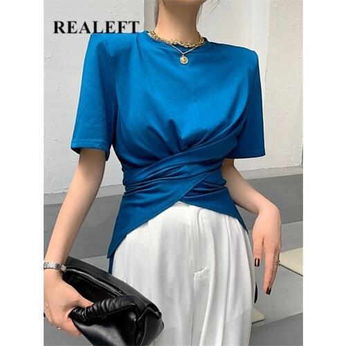 REALEFT Summer 2021 New Chic Irregular Womens T-Shirts Shoulder Pads Front Cross O-Neck Short Sleeve Female Casual Shirts Tops