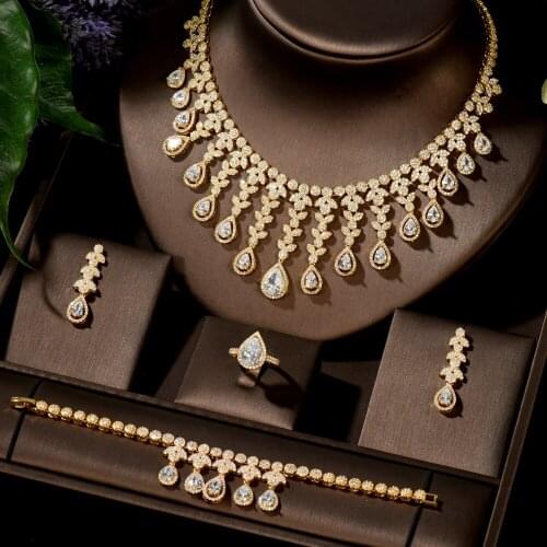 HIBRIDE Gold Color Nigerian Wedding Cubic Zirconia Necklace Dubai 4PCS Dress Jewelry Set For Women Accessories N-1490