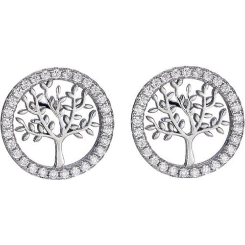 Dainty Female Wishing Tree Stud Earrings Real Sterling Silver Small Earrings Charm White Crystal Stone Wedding Earrings For Wome