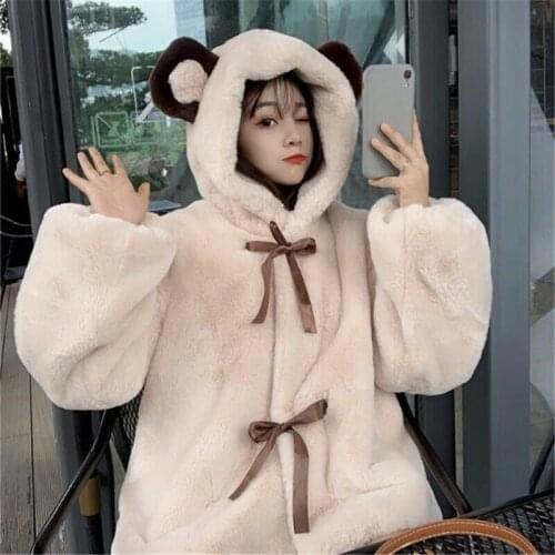 Kawaii Women Girl Faux Fur Coat Jacket Fluffy Hooded Winter Outerwear Cute