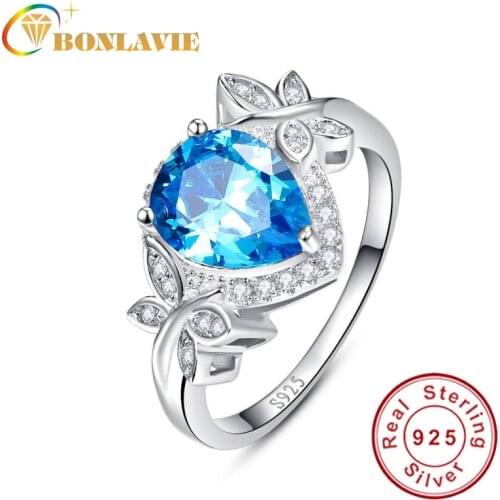 BONLAVIE Pear 3.85ct Natural Blue Topaz Birthstone Butterfly Decoration Solitaire Ring For Women Real 925 Sterling Silver Ring