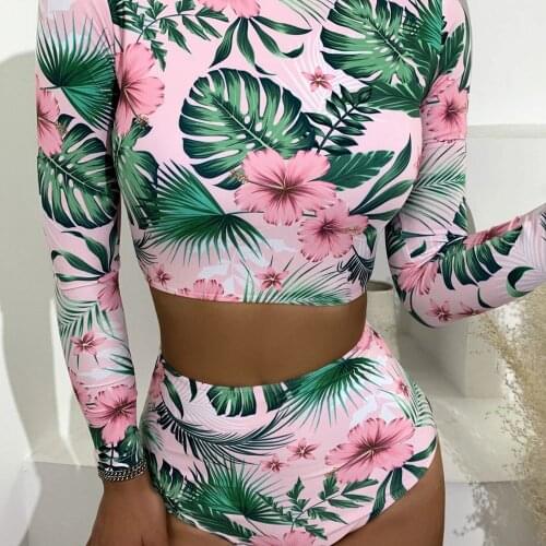 2021 Sexy Print Long Sleeve Bikinis Women Swimsuit High Waist Bathing Suits Beachwear Brazilian Bikini Set Biquini Female