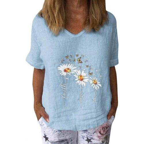 Fashion T-shirt Flower Print Solid Color Women Short Sleeve Loose Blouse for Office