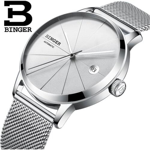 Switzerland BINGER Brand Men Stainless Steel Mesh Band Automatic Mechanical Male self-wind Simple Surface Ultrathin Watch Mens