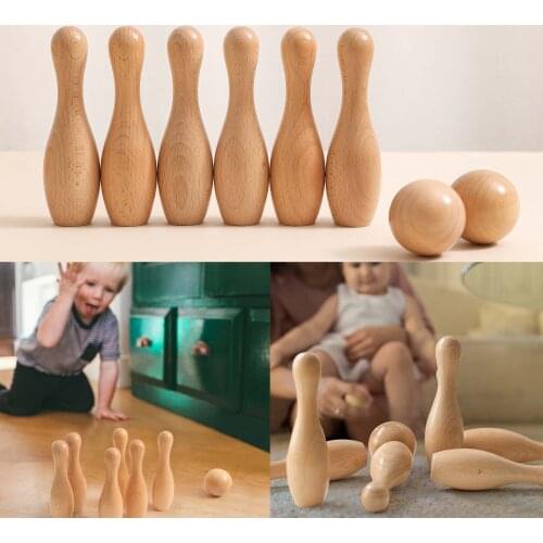 8Pcs/Set Montessori Wooden 13.8cm Height Bowling Bottle Set 4.7cm Diameter Bowling Ball Bowling Set Family Interactive Toys Gift