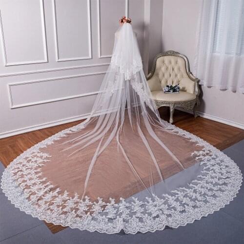 Real Image Wedding Veils Lace Appliqued Sequins Two Layers Cathedral Length Custom Made 3M Long Bridal Veil