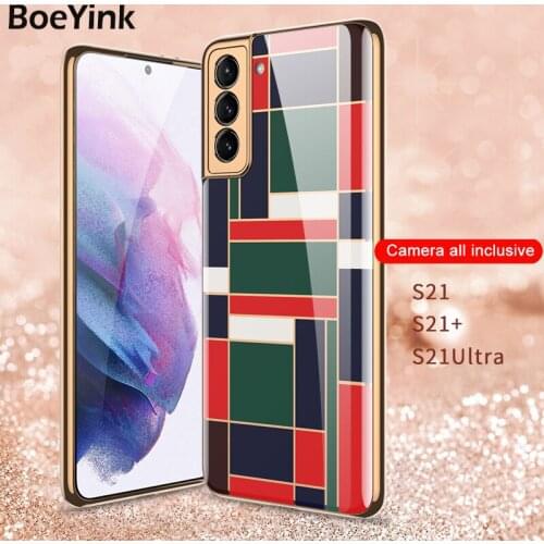 Luxury Pattern Plating Glass Case For Samsung Galaxy S21 Ultra 5G Case Anti Fall Protection Soft Edge Cover For Samsung S21 Plus