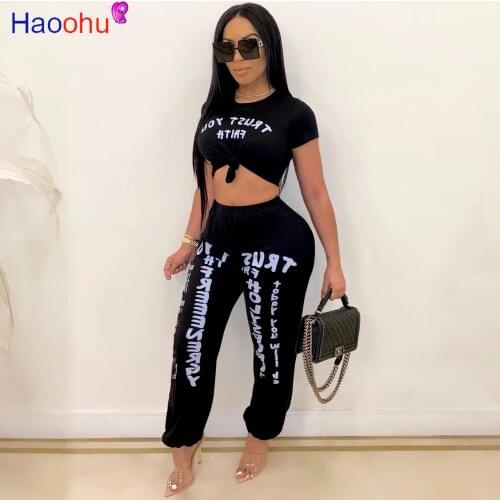 HAOOHU Sport Trust You Faith Print Women two piece set Tracksuits O-neck Tee tops Loose Jogger pants Suit Outfits Matching Set