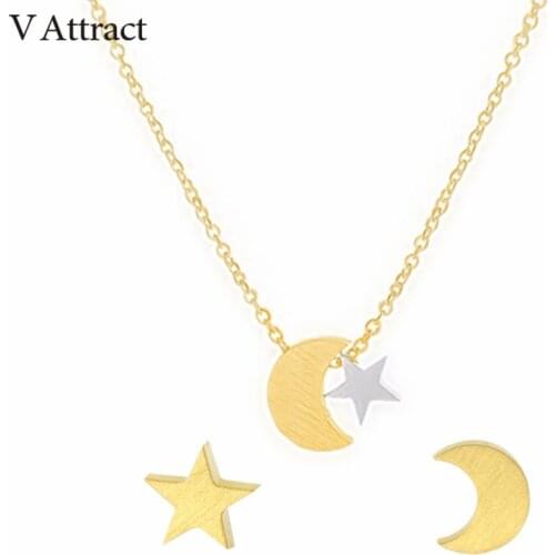 V Attract 2018 Unique Tiny Star Moon Choker Necklaces &amp Pendants Stud Earrings For Women Stainless Steel Turkish Jewelry Sets