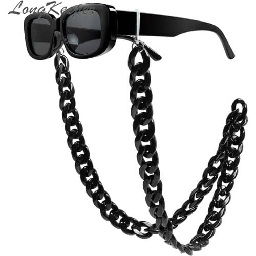 LongKeeper Vintage Rectangle Sunglasses With Black Glasses Chain For Women Men Fashion Eyewear Holders Rope UV400 Lens