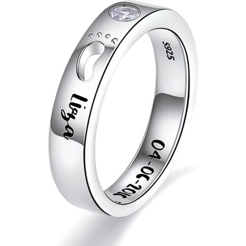 Xiaojing 925 Sterling Silver Custom Birthstone Engraved Name Rings Baby Footprints Finger Rings for Women Personalized Jewelry