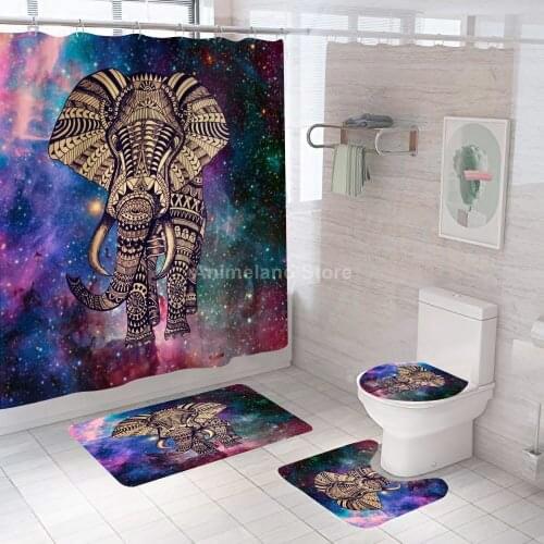 Fantasy Elephant Animal Shower Curtains Bathroom Curtain Bath Set Toilet Cover Mat Non-Slip Washroom Rug Set Modern 180x180cm