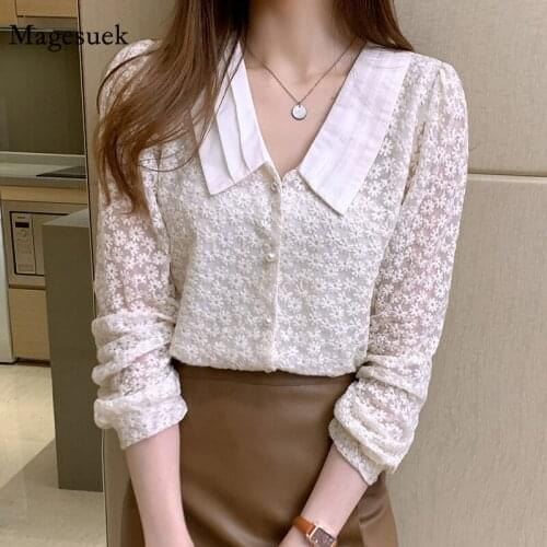 Spring Chic Hollow Crochet Embroidery Floral Blouse 2021 New Lace Long Sleeve Women Tops Doll Collar Lapel Splicing Shirt 13981