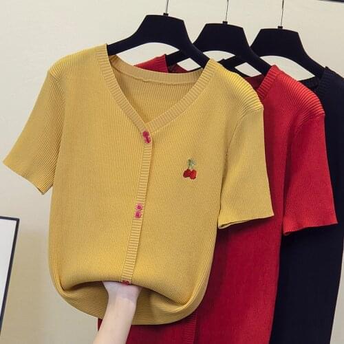 2021 spring and summer new Oversized short-sleeved T-shirt womens V-neck embroidery pullover loose sweater large size L-4XL