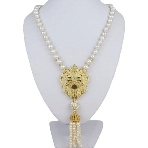 Womens Fashion Fine Jewelry Zircon Lion Accessories White 9-10mm Natural Freshwater Pearl Pendant Necklace Long Tassel 19 inch