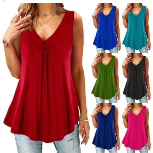 Womens Tube Top Oversized T-shirt 2021 Blouses Female Clothes Solid Color V-neck Folds Buttons Sleeveless Loose Vest Tank Top