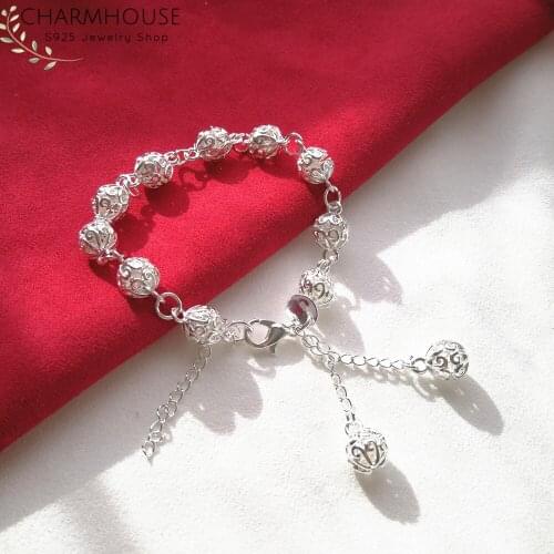 Pure 925 Silver Bracelets for Women 10mm Hollow Ball Bead Chain Bracelet & Bangles Wristband Wedding Bridal Jewelry Pulseira
