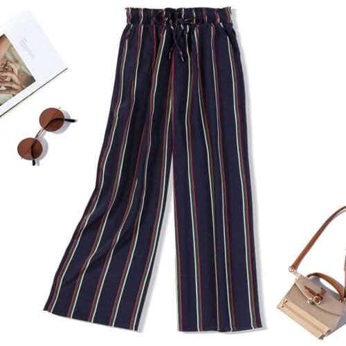 Womens 100% Mulberry Silk Navy Stripes Crepe Silk Belted Elastic Waist Wide Leg Long Pants Trousers JN662