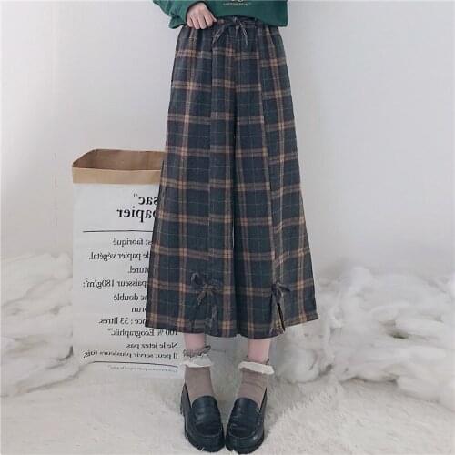 Japanese Women Lolita Style Wide Leg Pants Elastic Waist Bandage Bow Vintage Plaid Ankle-Length Pants Cute Kawaii Girl Trousers