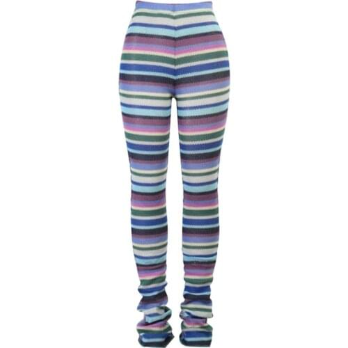 Women High Waist Knitted Long Pants Multicolor Striped Skinny Stacked Trousers