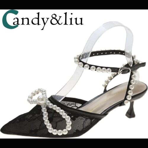 Spring new pearl bow buckle lace sheer stiletto heel heel heel high heels for womens shoes